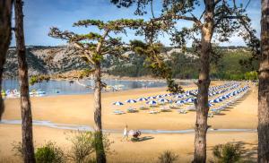 a beach with umbrellas and a person walking on the sand at Mobile Homes Victoria San Marino in Lopar