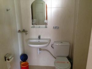 W łazience znajduje się umywalka, toaleta i lustro. w obiekcie Katerina Family Hotel w mieście Smolan