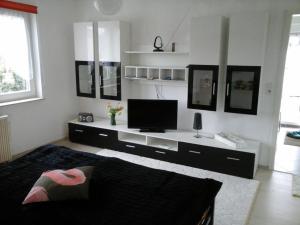 ein Wohnzimmer mit einem TV an einer weißen Wand in der Unterkunft Ferienhaus Günther Werder-Havel in Werder