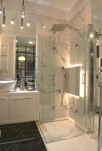La salle de bains est pourvue d'une cabine de douche en verre. dans l'établissement Blue Velvet Premium Apartments, à Toruń