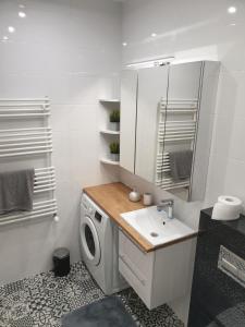ein Badezimmer mit einer Waschmaschine und einem Waschbecken in der Unterkunft Apartament Plac Kościuszki in Sochaczew