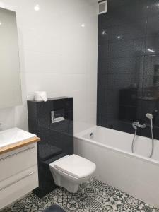 ein Bad mit einem WC, einer Dusche und einem Waschbecken in der Unterkunft Apartament Plac Kościuszki in Sochaczew