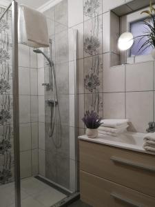 ein Bad mit einer Dusche und einem Waschbecken in der Unterkunft Levendula Apartman in Makó