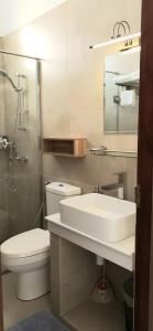 a bathroom with a sink and a toilet and a mirror at Memory Lane in Colombo +41 photos