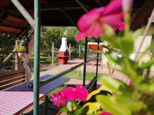 a porch with pink flowers and a picnic table at Apartman Kaszás Garden in Mosonmagyaróvár