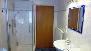 a bathroom with a shower and a sink and a mirror at Ferienwohnung Dunja in Winterberg