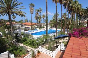 - une vue aérienne sur la piscine du complexe bordée de palmiers dans l'établissement Sunny House, Chayofa, à Chayofa