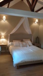 a bedroom with a white bed with a canopy at Chambres d'hôtes La Bourbelle in Neufmoutiers-en-Brie