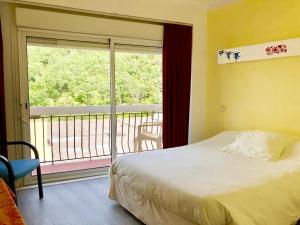 een slaapkamer met een bed en een groot raam bij Hôtel des Bains et des Gorges in Amélie-les-Bains-Palalda