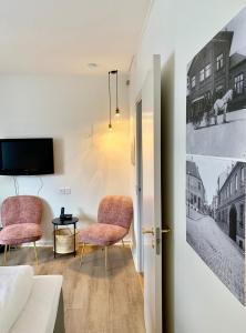 霍爾斯特布羅的住宿－紹姆堡酒店，客厅配有两把椅子和电视