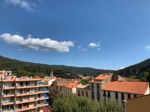uitzicht op een stad met gebouwen en bergen bij Hôtel des Bains et des Gorges in Amélie-les-Bains-Palalda