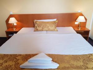 Hotel La Musica في Glessen: غرفة نوم فيها سرير وعليها مصابيح ومناشف