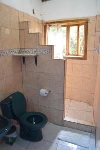 a bathroom with a green toilet and a shower at Hosteria Cabanas Itapoa in Puerto López