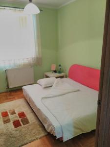 1 dormitorio con 1 cama con pared roja y verde en Apartment Branicevska 1 en Požarevac
