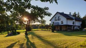 una casa blanca en un campo de hierba con un árbol en Villa Podlachia en Wierzbice Górne