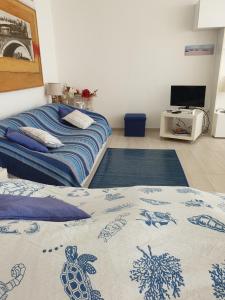 a bedroom with a bed and a desk with a television at Terrazza Anticaglie in Punta Braccetto