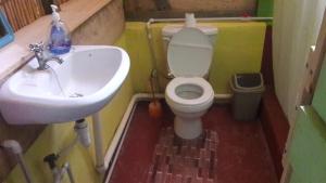 a small bathroom with a sink and a toilet at Ti Kwen Glo Cho in Roseau