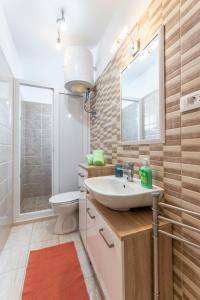 a bathroom with a sink and a toilet and a mirror at Holiday Home Tamjan in Supetar