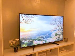 a flat screen tv sitting on top of a shelf at 2 Bedrooms Private Kitchen Livingroom Robinwood Condo Suite in Norcross