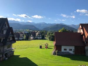 a small village with a green field and houses at Willa Szafran - pokoje in Zakopane