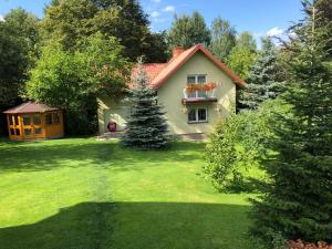 une maison avec une cour avec de l'herbe verte dans l'établissement Holiday house EWA, à Meszna Opacka