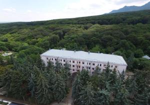 un grand bâtiment au milieu d'une forêt d'arbres dans l'établissement Zhemchuzhina Kavkaza Hotel, à Jeleznovodsk