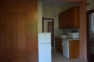 cocina con nevera blanca y armarios de madera en The Family Place - Cosy Double bedroom apartment on beach of Kallithea, Chalkidiki, en Kallithea Halkidikis