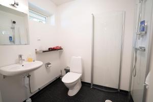 a bathroom with a toilet and a sink and a shower at Stenholmens Gårdshotell in Linköping