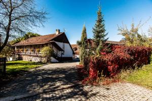 une maison avec un arbre de Noël à côté d'une allée en briques dans l'établissement Pension U Dvou čápů, à Chocerady