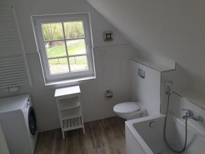 a bathroom with a sink toilet and a window at Ferienhaus Ankerplatz Vermietung im Ostseebad Rerik in Rerik