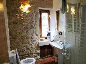 a stone bathroom with a toilet and a sink at Casa Rural La Veterinaria in Aldeadávila de la Ribera +24 photos