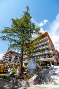 a tree in front of a large building at Apartment Luna Hrebienok D2 in Smokovce