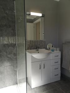 a bathroom with a sink and a mirror at Honeysuckle Homestead in Dinton