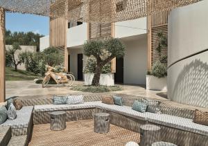 a living room with a couch and a tree at Zante Maris Suites - Adults Only in Tsilivi