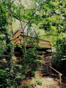une cabine sur un pont dans les bois dans l'établissement Woody, à Durbuy