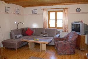 a living room with a couch and a table and a tv at Ferienwohnungen Baur in Arnbruck