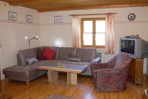 ein Wohnzimmer mit einem Sofa, einem Tisch und einem TV in der Unterkunft Ferienwohnungen Baur in Arnbruck