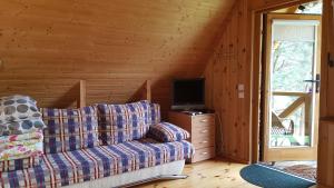 a living room with a couch and a television in a cabin at Un Sartu in Gipenai