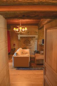 ein Wohnzimmer mit einem Sofa und einem Kamin in der Unterkunft Maison de Blanche in Chaudenay-le-Château