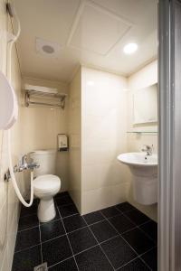 中壢區的住宿－住福旅店，一间带卫生间和水槽的浴室