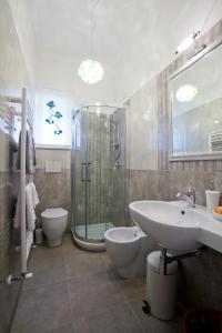 uma casa de banho com um chuveiro, um lavatório e um WC. em Da Vittoria em Posta Fibreno