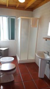 a bathroom with a shower and a toilet and a sink at StoneWood Lodge AL in São Vicente Ferreira