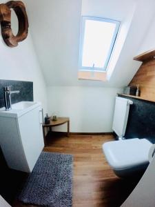 a bathroom with a sink and a toilet and a window at Chickenhill Blackforest, Ferienwohnung Großhans in Bad Wildbad