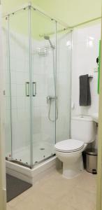 a bathroom with a glass shower and a toilet at Hostal Loyola in Madrid