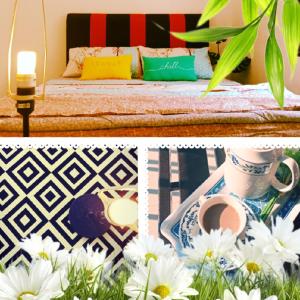 a collage of two pictures of a bed with flowers at Rumah Tamu Azizah in Kampong Tanjong Bayan