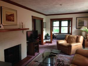 a living room with a couch and a fireplace at Jacaranda in Milton
