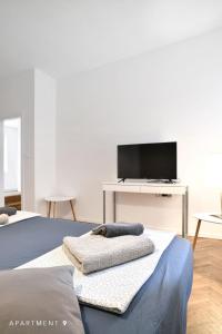 a living room with a couch and a television at Downtown Apartment / Free Parking in Ljubljana