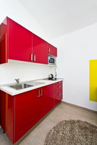 a kitchen with red cabinets and a sink at Budget Apartment in Prague