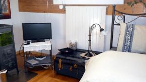 a bedroom with a bed and a television on a trunk at Bed & Breakfast Im Chellhof in Benken