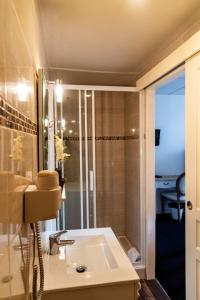 a bathroom with a sink and a shower at Hotel Henri IV in Sully-sur-Loire